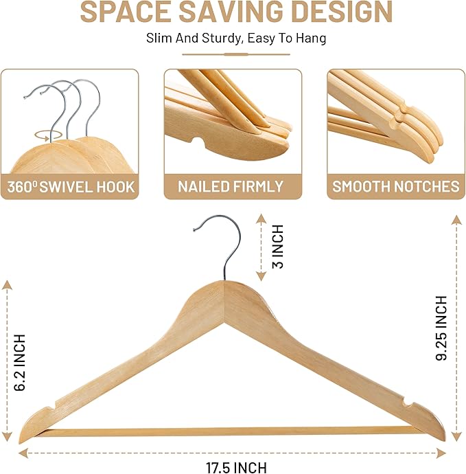 LUX Decor 20 Pack Wooden Non-Slip Coat & Suit Hangers with 360 Swivel Hook, Smooth Finish, Heavy Duty Natural Color Clothes Hangers for Jacket, Shirt, Pants