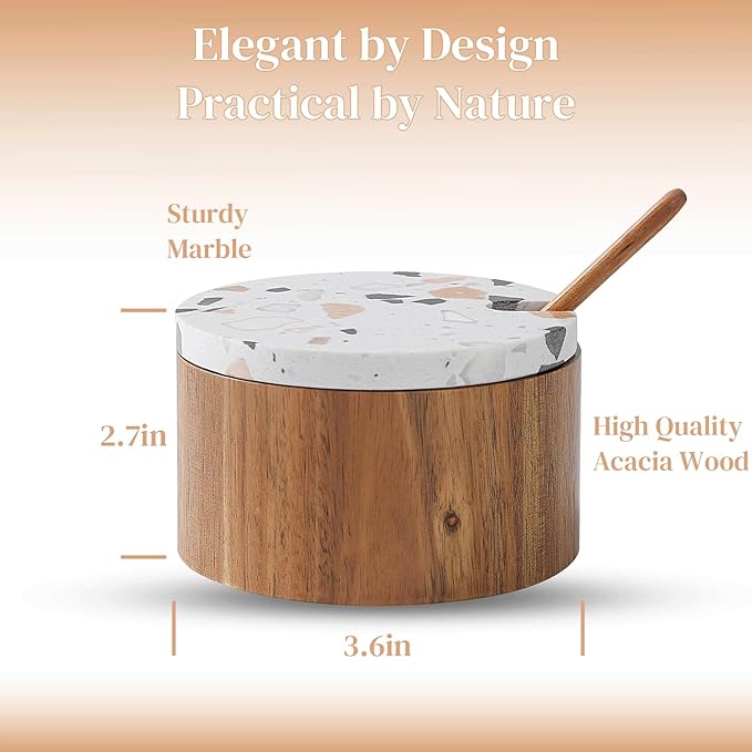 Wooden Salt Cellar with Marble Lid,Salt Container Box Bowl for Countertop,Elegant Salt Holder Jar Dish with Spoon,Kitchen Seasoning Containers for Salt Pepper Sugar Spice Storage,6OZ