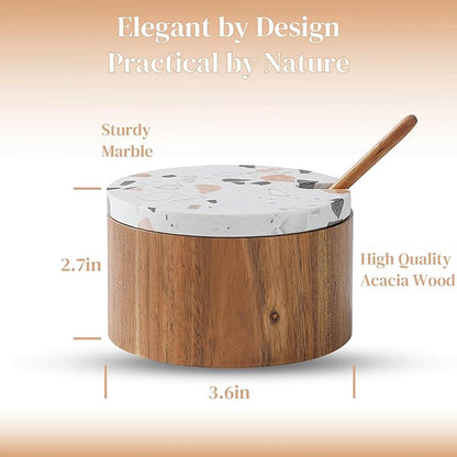 Wooden Salt Cellar with Marble Lid,Salt Container Box Bowl for Countertop,Elegant Salt Holder Jar Dish with Spoon,Kitchen Seasoning Containers for Salt Pepper Sugar Spice Storage,6OZ