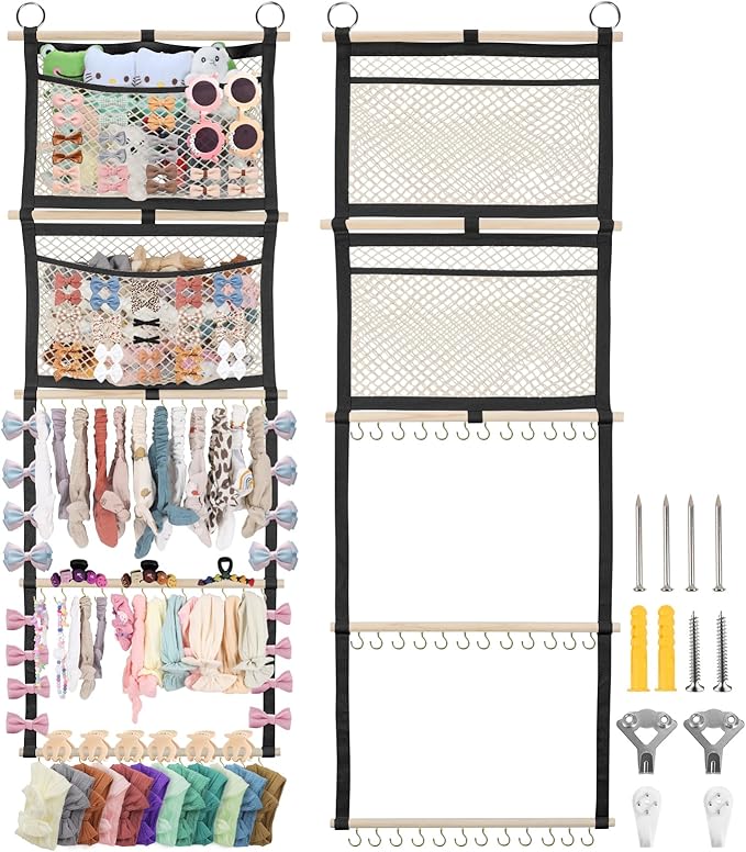 Bow Organizer for Girls, 17x50in Baby Headband Bow Holder W/ 2 Mesh Pockets & 36 Hooks, Bow Hanger for Girls Hair Bows Clip, Wall Hanging Hair Accessories Storage for Toddler Nursery Decor(Black)