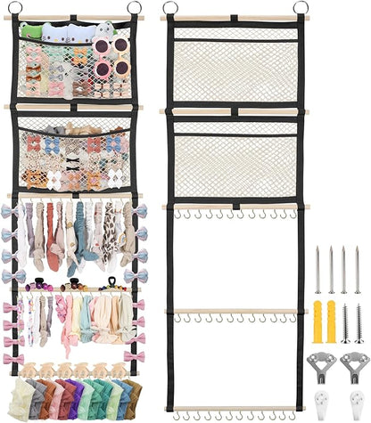 Bow Organizer for Girls, 17x50in Baby Headband Bow Holder W/ 2 Mesh Pockets & 36 Hooks, Bow Hanger for Girls Hair Bows Clip, Wall Hanging Hair Accessories Storage for Toddler Nursery Decor(Black)