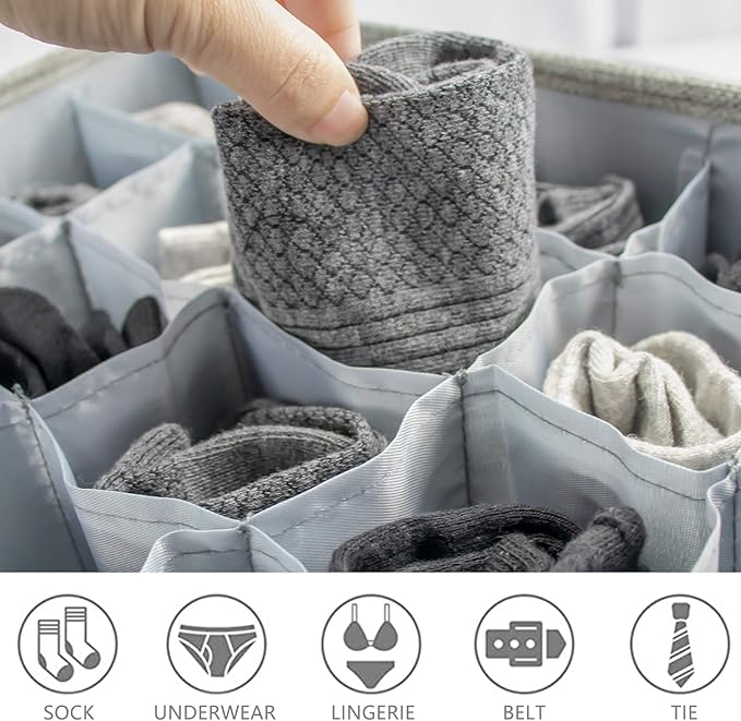 PINGMIC Gray Sock Organizer Divider 2 Pack with Lid - 30 Cell Foldable Closet Storage, Tie Organizer For Men Boxes for Socks, Ties, Belts