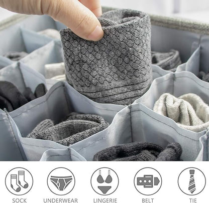 PINGMIC Gray Sock Organizer Divider 2 Pack with Lid - 30 Cell Foldable Closet Storage, Tie Organizer For Men Boxes for Socks, Ties, Belts