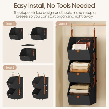 Homsorout Collapsible Hanging Closet Organizer - 6 Tier Closet Shelves Storage System with Hooks, Fabric Hanging Storage Bins for Clothes, Foldable Storage Basket for Laundry, Bedroom, Rv, Black