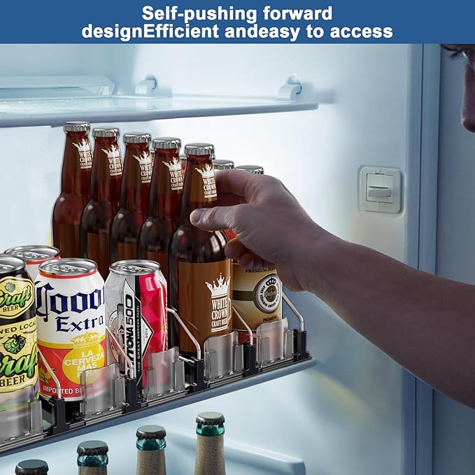 Drink Organizer for Fridge,12oz 16oz 20oz - Soda Can Dispenser for Refrigerator,Width Adjustable,Automatic Pusher Glide (White, 15" D 6ROW, Holds 30 Cans)