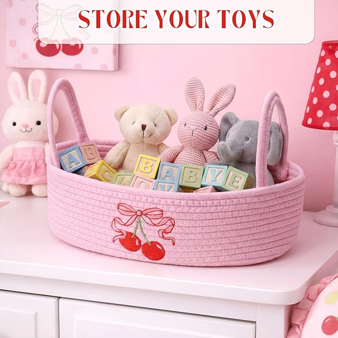 Vesici Cherries Toilet Paper Basket Boho Woven Cotton Rope Bathroom Countertop Organizer with Handle Pink Bow Cherry Bathroom Storage Decor for Toilet Closet Bedroom Nursery, 13 x 6 x 4 Inch