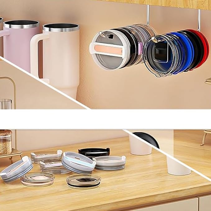 2 Pack Tumbler Lid Organizer,Space Saving Cup Lid Organizer for Yeti Tumbler/Stanley Tumbler/Simple Modern Tumbler Lids,Self-Adhesive Lid Hook for Kitchen Organizers and Storage(Black/Silver)