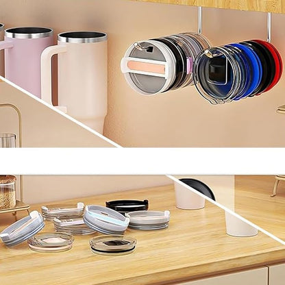 2 Pack Tumbler Lid Organizer,Space Saving Cup Lid Organizer for Yeti Tumbler/Stanley Tumbler/Simple Modern Tumbler Lids,Self-Adhesive Lid Hook for Kitchen Organizers and Storage(Black/Silver)