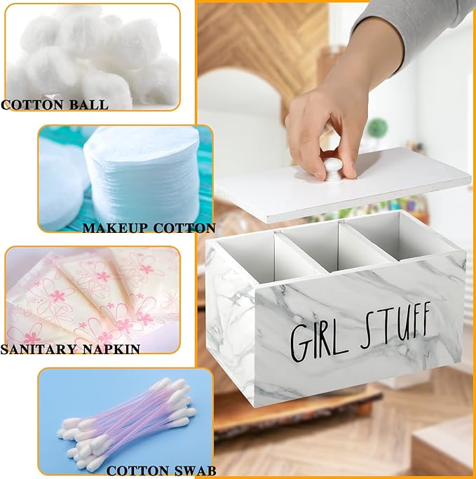 Tampon Holder for Bathroom with Movable Dividers Shark Tampon Storage Container Week with Lid Farmhouse Pad Container Box Feminine Product Organizer Girl Stuff Box for Bathroom(Marble Style)