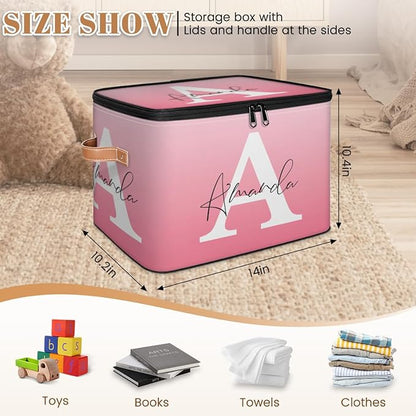 Custom Initial Name Storage Bins, Personalized Foldable Storage Basket Boxes with Zipper Lid&Handle, Customized Shelf Basket Cube, Gradient Pink