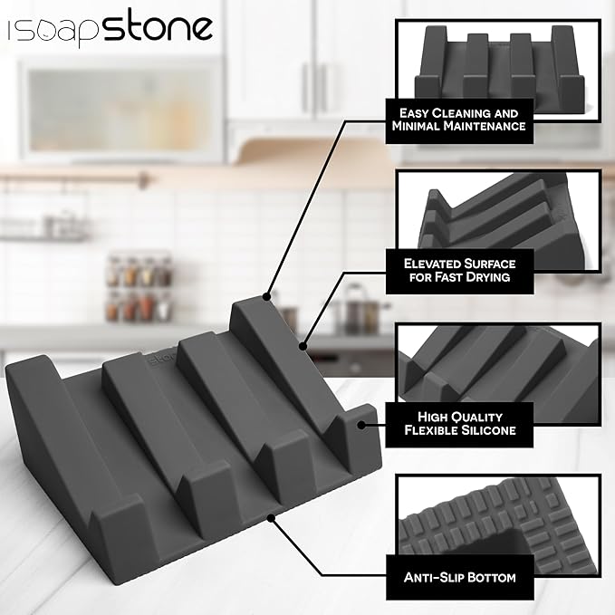 Silicone Soap Dish (USA Patented) Self Draining Bar Soap Holder for Shower Bathroom Sink, Drying Soap Dish Tray Kitchen Sponge Holder Easy Cleaning Soap Saver Mat (Dark Grey, 1)