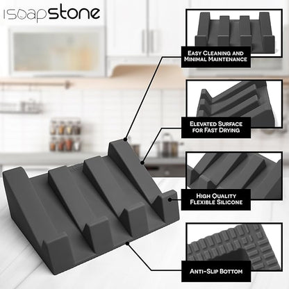 Silicone Soap Dish (USA Patented) Self Draining Bar Soap Holder for Shower Bathroom Sink, Drying Soap Dish Tray Kitchen Sponge Holder Easy Cleaning Soap Saver Mat (Dark Grey, 1)
