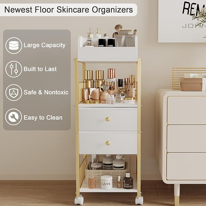 Makeup Organizer Storage Cart, Large Skincare organizers, Makeup Stand with Drawers, Makeup Vanity Organizer Cosmetics Display Cases Holder for Skin Care Nail Polish Perfume Makeup Brush (Gold)
