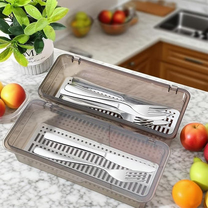6 Pcs Flatware Tray with Lid Large Plastic Drainer Silverware Utensil Clear Drawer Organizer Cutlery Storage Container Box Dinnerware Holder with Cover for Home Kitchen Travel