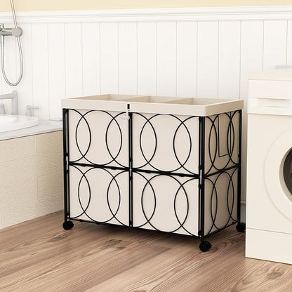 Laundry Hamper with 3 Section, Large 180L Rolling Laundry Basket with Wheels, Metal Heavy Duty Laundry Hamper with Detachable Bags, Dirty Clothes Hamper Organizer for Bedroom, Bathroom(Beige)