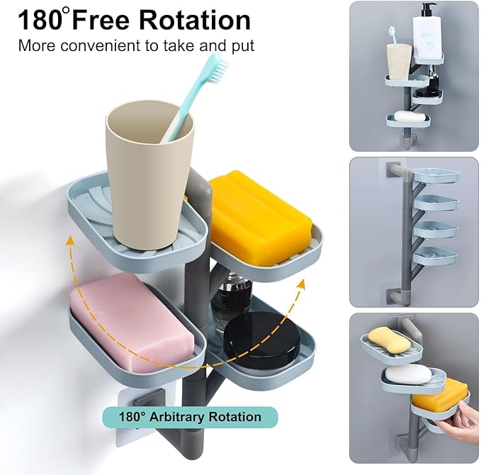 Soap Holder Four Layer Wall Mounted NO-Drilling Rotatable Self-draining Removable Soap Dish for Shower Bathroom Tray,Self Draining Sponge Holder,Razor Holder (Blue/Gray)