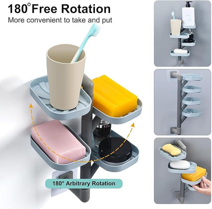 Soap Holder Four Layer Wall Mounted NO-Drilling Rotatable Self-draining Removable Soap Dish for Shower Bathroom Tray,Self Draining Sponge Holder,Razor Holder (Blue/Gray)