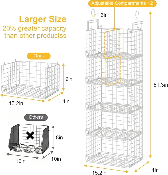 VyGrow 5 Tier Hanging Closet Organizer with Adjustable Dividers, Heavy-Duty Storage Shelves for Clothing, Kitchen, Laundry Room, Extra Large Baskets, 15.7" W x 11.8" D x 51" H, White