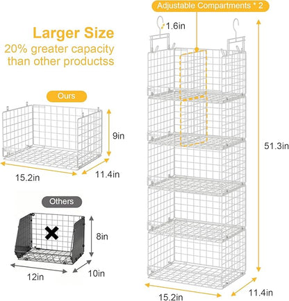 VyGrow 5 Tier Hanging Closet Organizer with Adjustable Dividers, Heavy-Duty Storage Shelves for Clothing, Kitchen, Laundry Room, Extra Large Baskets, 15.7" W x 11.8" D x 51" H, White