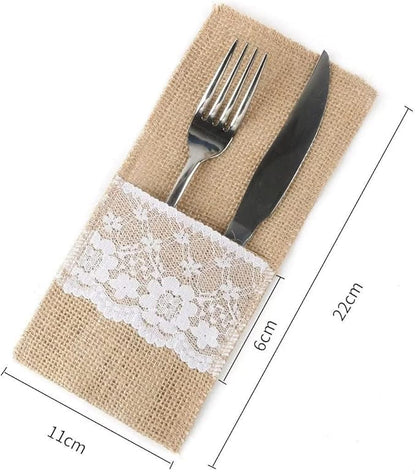 Burlap Silverware Holders with White Lace - 10 Pack of 4 x 8" with Ribbon Bow - Wedding Reception Silverware Holder - Baby Shower Silverware Pocket Pouch – Dining Table Utensil Holders