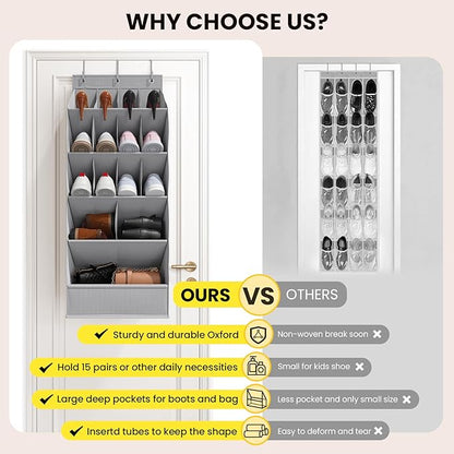 18 Pairs Over the Door Shoe Organizer, Shoe Rack for Closet Door with Large Breathable Pockets, Hanging Shoes Rack for Boots, Behind the Door Organizer Shoe Holder for Categorized Storage, Grey ﻿