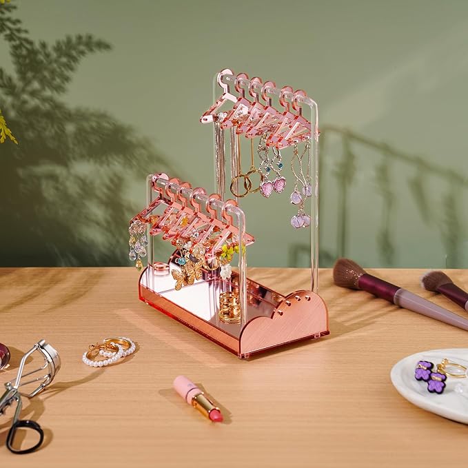 NiHome Acrylic Earring Holder with Unique Double-Tiered Design, Cute Miniature Clothing Hangers with Spacious Storage for 48 Pairs, Display for Home Vanity & Retail Showrooms (Rose Gold, With Tray)