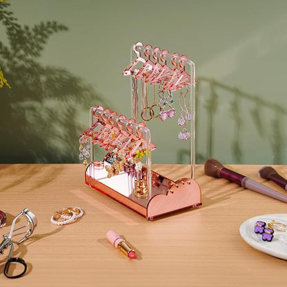 NiHome Acrylic Earring Holder with Unique Double-Tiered Design, Cute Miniature Clothing Hangers with Spacious Storage for 48 Pairs, Display for Home Vanity & Retail Showrooms (Rose Gold, With Tray)