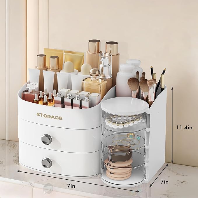XIAPIA Makeup Organizer Countertop, Make Up Organizer for Vanity, Skincare & Cosmetic Organizers with Drawers, Bathroom Organizers Storage for Brush Holder|Lipstick|Jewelry, Ideal Gift for Women WHITE