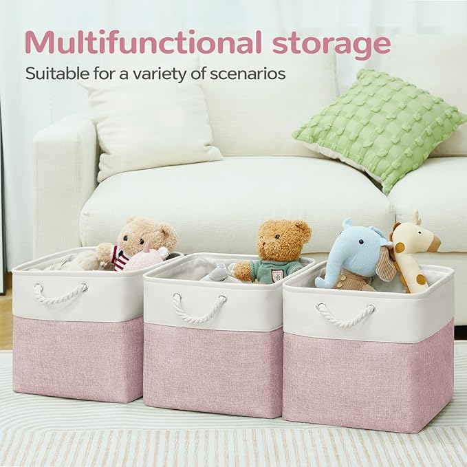 12 x 12 Inch Cube Storage Bins, 4 Pack Fabric Storage Basket with Handles, Foldable Boxes Organizer for Shelf Baskets for Home, Clothes (White/Pink)