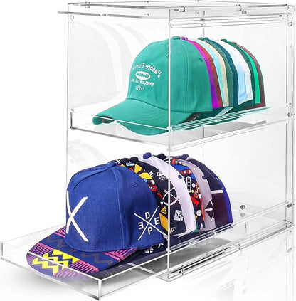 Acrylic Hat Organizer for Baseball Caps, Stackable Clear Sliding Tray & Door Panel Hat Holder Box , Large Cap Holder Organizer with Sliding Tray, Hat Racks Can Hold 30 Caps 16.6" H x 10.7" W x 15.8" D