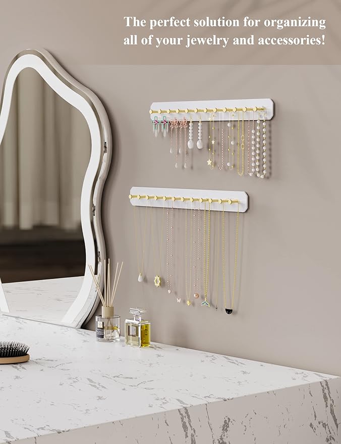 NiHome Wall Mounted Acrylic Jewelry Organizer 2-Pack, Durable Sleek Rack Strong Carbon Steel Hooks for Dressing Table, Bathroom, Kitchen, Hassle-Free Installation Multiple Mounting Options (White)