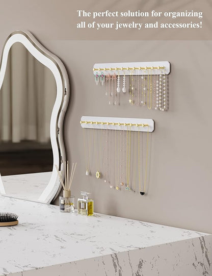 NiHome Wall Mounted Acrylic Jewelry Organizer 2-Pack, Durable Sleek Rack Strong Carbon Steel Hooks for Dressing Table, Bathroom, Kitchen, Hassle-Free Installation Multiple Mounting Options (White)
