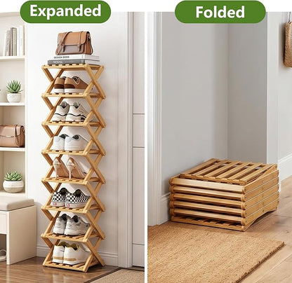 Narrow Shoe Rack, Foldable Bamboo Shoes Shelf for Small Spaces, Multifunctional Vertical Shoe Organizer Tall for Entryway, Closet, Corner, Bedroom, Hallway (Wood Color, 8 Layers)