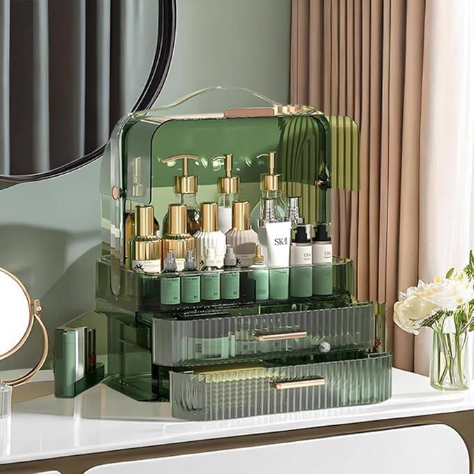 Green Drawers Portable Cosmetics Storage Box Transparent Lid Large Makeup Organizer Box Handle Waterproof Dustproof Skincare Display Cases for Countertop Bathroom Dresser