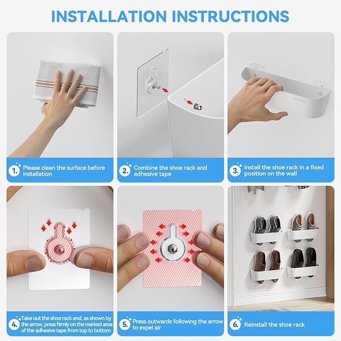 Wall Mounted Shoes Rack 4Pack with Sticky Hanging Strips, Plastic Shoes Holder Storage Organizer,Door Shoe Hangers (SM03-White-4)