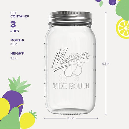 Wide Mouth Mason Jars 64 oz [3 Pack] With Mason Jar Lids and Bands, Mason Jars 64 oz - For Canning, Fermenting, Pickling - Jar Decor - Microwave/Freeze/Dishwasher Safe.