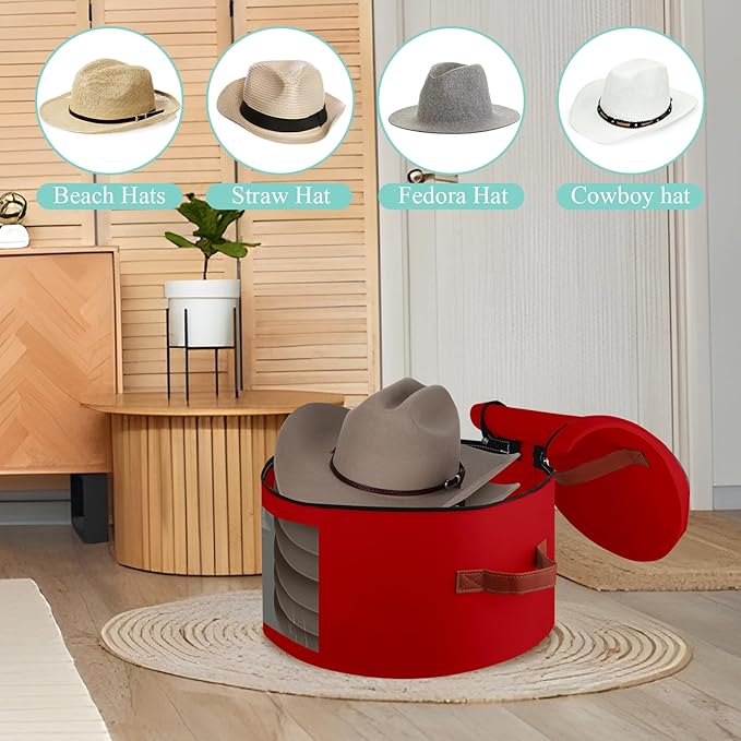 Samplife Hat Box,Hat Storage Box,Stackable Round Brim Hats Organizer Bag Container for Closet,Travel Hat Boxes for Women, Cowboy Hat Organizer, FoldableTravel Cap Boxes (07-Red, 16.5" D x 10.5" H)