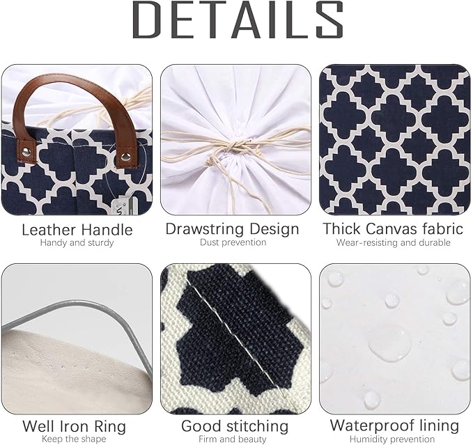 Sea Team Moroccan Lattice Pattern Canvas Fabric Storage Basket Collapsible Geometric Design Storage Bin with Drawstring Cover and PU Leather Handles, 16.5 by 11.8 inches, Waterproof Inner, Dark Blue