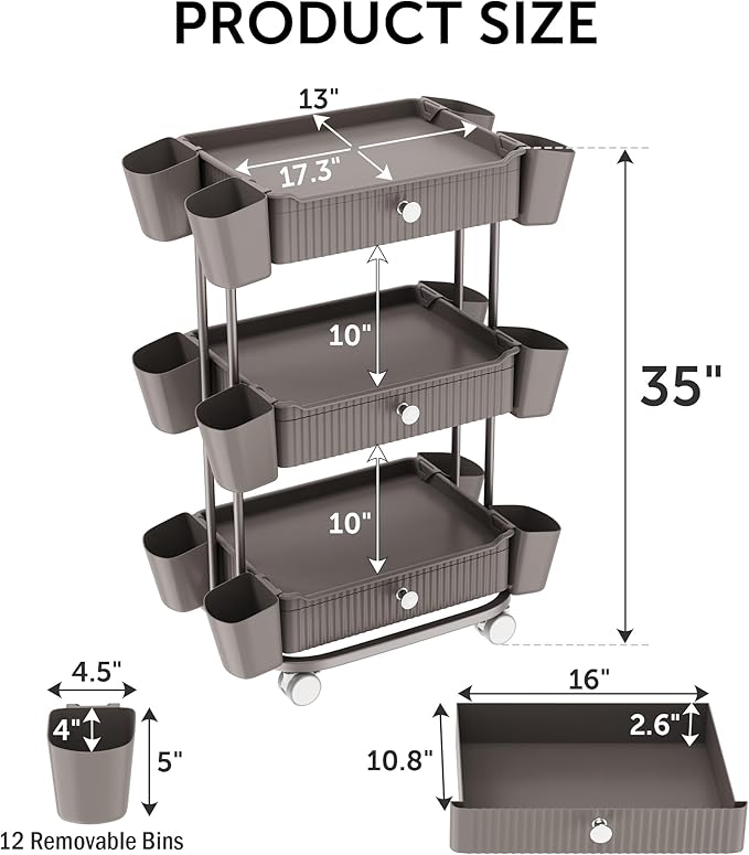 3 Tier Drawer Beauty Cart with 12 Movable Storage Organizer, Thickened ABS & 360° Wheels for Salon Station for Hair Stylist, Beauty Salon, Spa Massage Parlor, Makeup Organizer and More - Brown