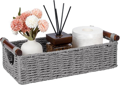 CubesLand Small Wicker Toilet Basket Tray Organizer W/Cut Out Handle, Handwoven Slim Decorative Basket for Countertop, Shelves And for Rustic Home Decor, Living Room, Nursery Organization, Grey