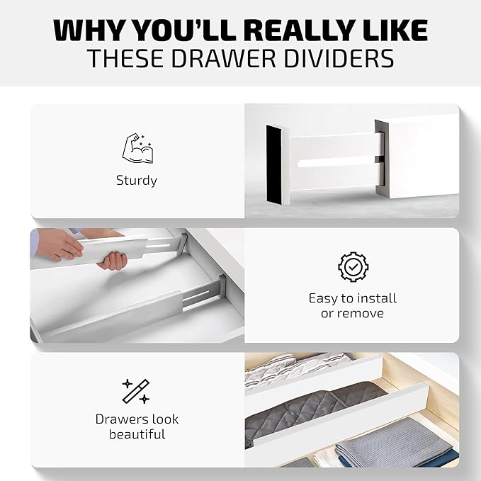 4-Pack Bamboo Drawer Dividers - 12.2 to 17.3 Inches Deep, 2.6 Inches High, Adjustable Expandable Drawer Organizer Dresser Separator for Clothes, Utensils, Kitchen, Bathroom, Office Storage, White