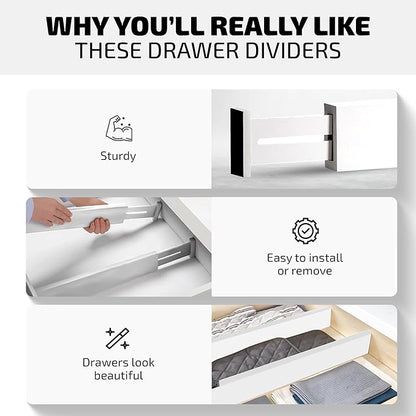 4-Pack Bamboo Drawer Dividers - 12.2 to 17.3 Inches Deep, 2.6 Inches High, Adjustable Expandable Drawer Organizer Dresser Separator for Clothes, Utensils, Kitchen, Bathroom, Office Storage, White