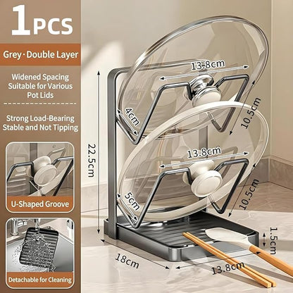 Lispin Pot Lid Holder & Spoon Rest, 2026 Upgraded Multifunctional Kitchen Organizer Rack with Removable Drip Tray, Space-Saving Countertop Stove Top Storage for Pots Pans (Double Layer-Gray)