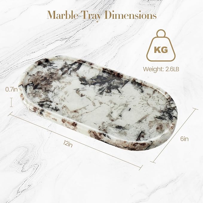 Natural Marble Tray Bathroom Tray, Luxury Decorative Trays for Bathroom, Vanity, Dresser, Kitchen & Home Decor, Valentine's Day House Warming Gifts New Home (Gold)