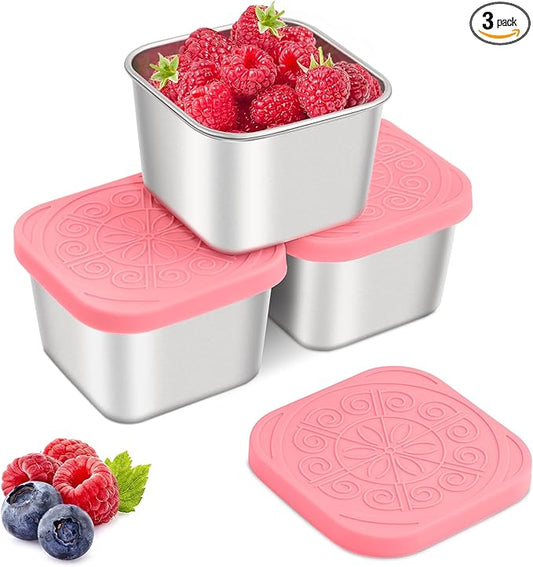 Qukaka Stainless Steel Snack Containers for Kids,7.2oz Easy Open Leak Proof Reusable Snack Box Container with Lids,Small Lunch Containers for Meal Prep,School,Picnic and Travel-3Pack