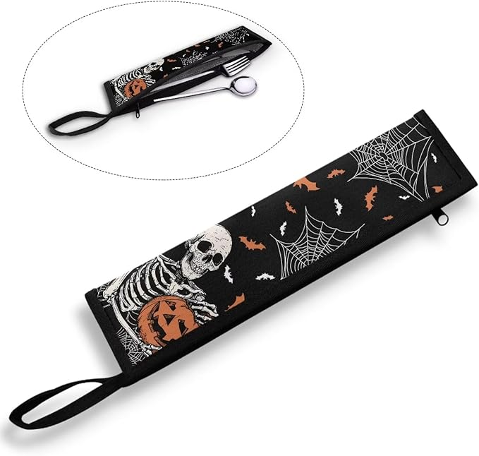 COEQINE Skull Portable Cooking Utensil Case Pumpkin Bet Halloween Holder Case Lightwieght Fit 11.8 x 2.7 inch Large Capacity Storage Case for Travel