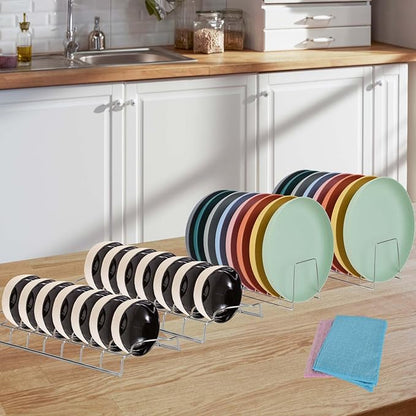 JEPELUS 4 Pack Plate and Bowl Organizer for Cabinet with 2 Absorbent Cloths, Stainless Steel Cutting Board Organizer, 8 Slots Upright Bowl Storage Rack Dish Drying Racks for Pot Lids Plates Bakeware