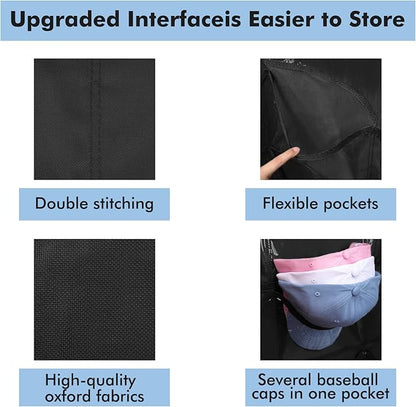 Hat Organizer for Storage of Baseball Caps, 24 Clear Deep Pockets, Rack for Wall/Door with Hooks(Black)