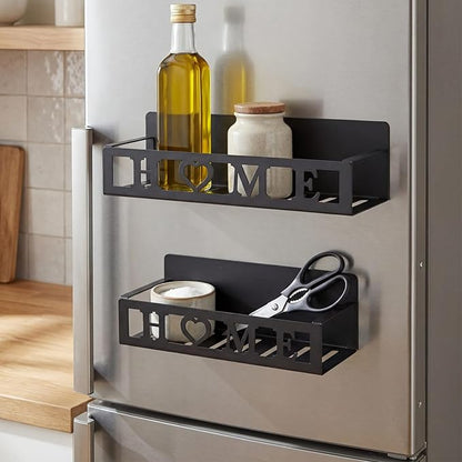 Beeveer 2 Pack Home Magnetic Spice Rack for Refrigerator Metal Magnet Basket Shelf for Fridge Seasoning Storage Organizers Home Decor Kitchen Accessories(Black)