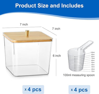 Hudgan 4 Pack Acrylic Storage Containers with Measuring Scoops for Kitchen, Laundry, Pantry, Clear Sturdy Plastic with Gold Handle Perfect for Dried Goods, Snacks, Detergent